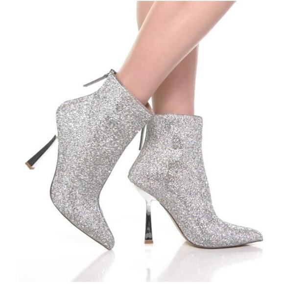 Steve Madden Callen Silver Rhinestone Ankle Pointed Toe 4.35" Mirror Heel 8 Boot - Picture 11 of 15